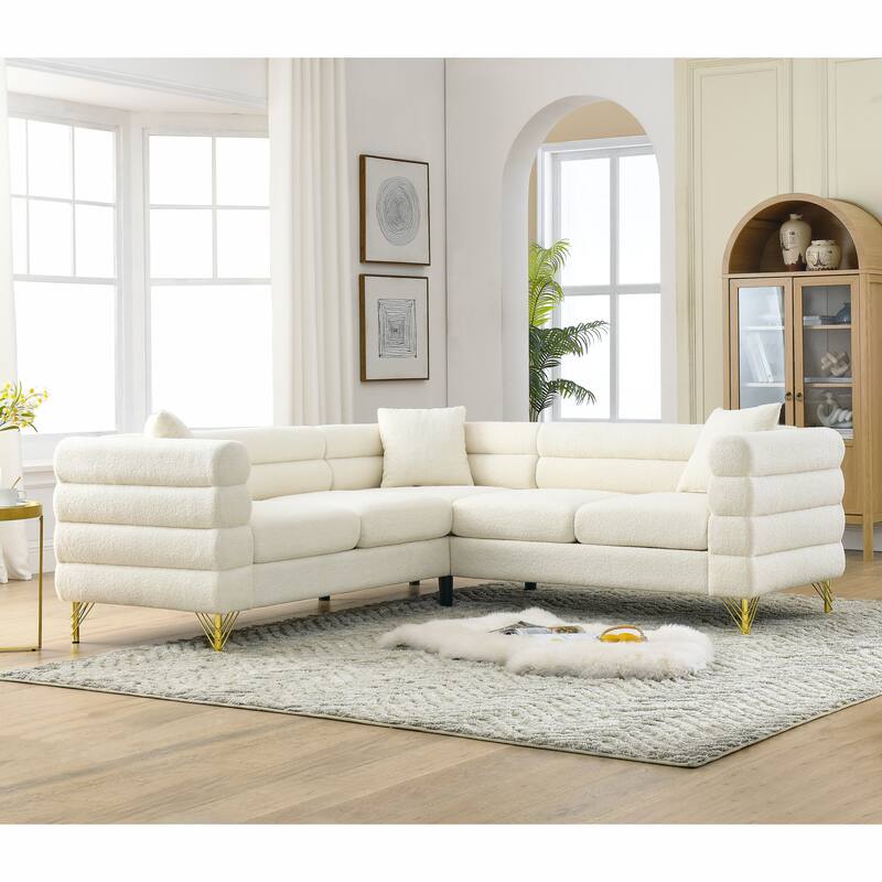 Modern Corner Sofa with Teddy Fabric and Metal Legs, 3-Seater with 3 Pillows