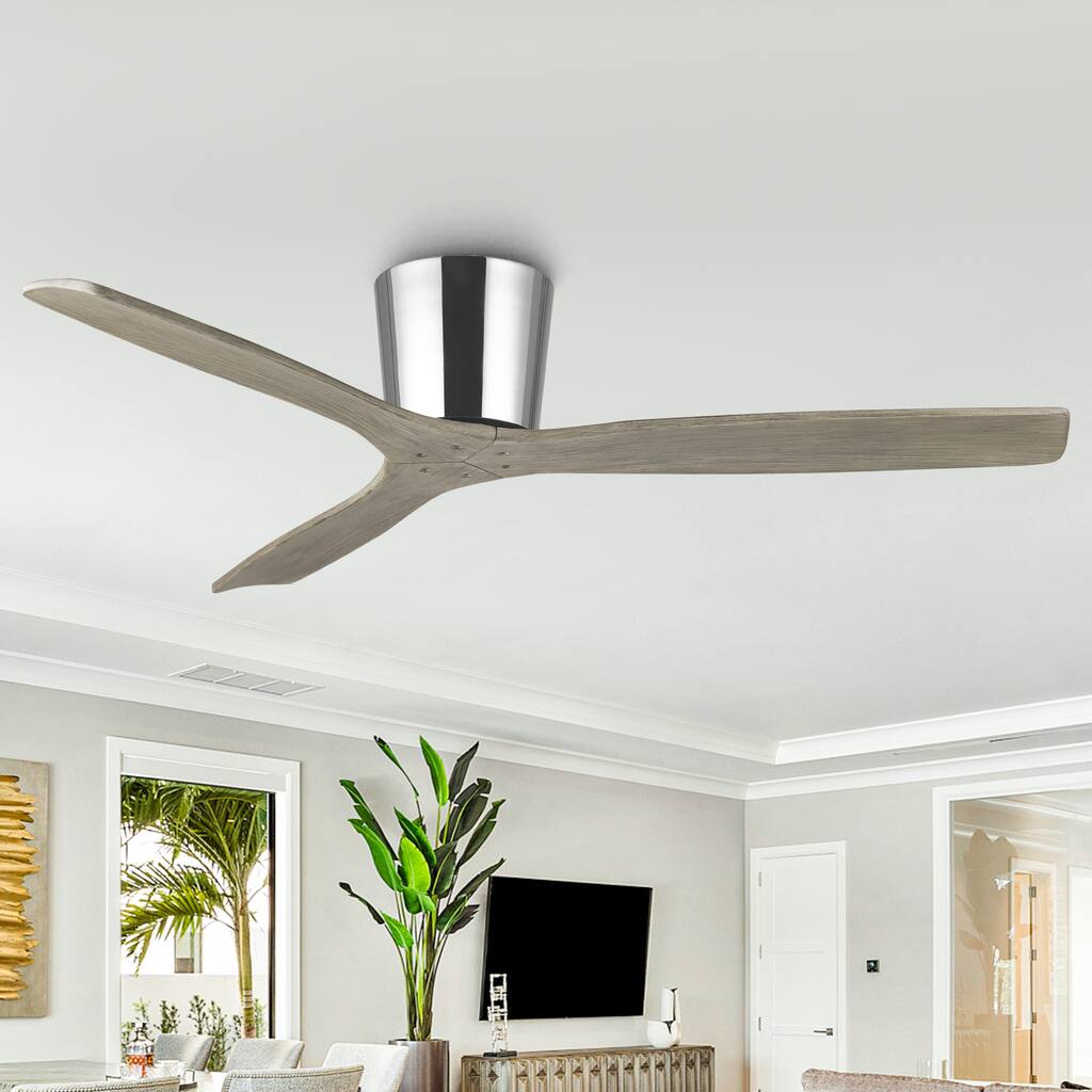 54" Transitional Solid Wood 3-Blade Chrome Flush Mount Ceiling Fan with Remote, No Light