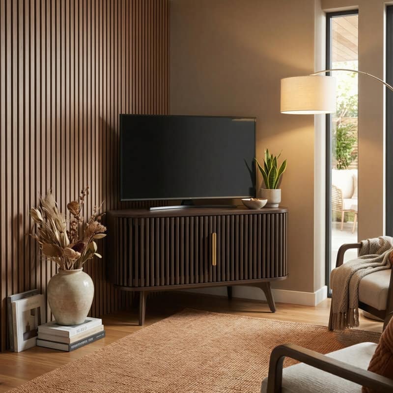 Studio London Sierra Wooden Corner TV Stand with Mid-Century Accents