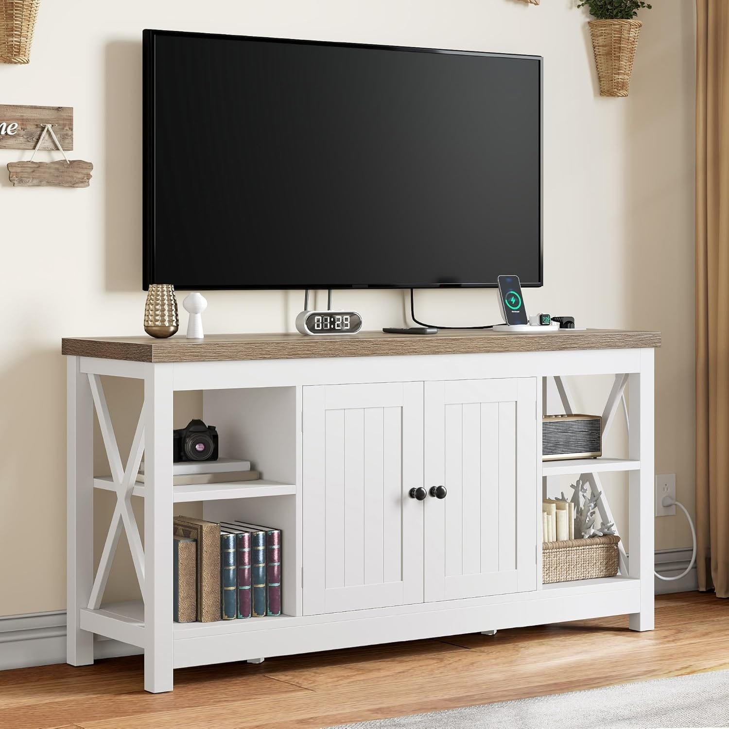 TV Stand for Living Room, Farmhouse Media Console with Storage, Adjustable Shelf & Open Shelves, Grey Wash & White