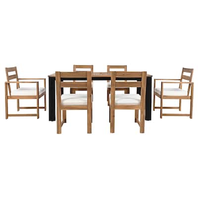 7 Piece Acacia Wood Patio Dining Table and Chair Set with Umbrella Hole and Removable Cushions, Sturdy Iron Table Legs