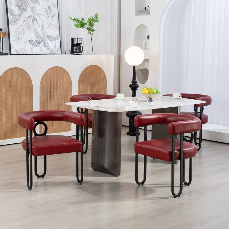 Wine Red PU Upholstered Accent Chair Dining Chair Barrel Side Chairs Kitchen Armchair for Living Room Dressing Room Set of 4