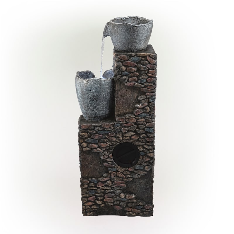 Alpine Corporation HIM562 42" Gray Outdoor Floor 4‑Tier Stone Bowl Fountain with LED Lights