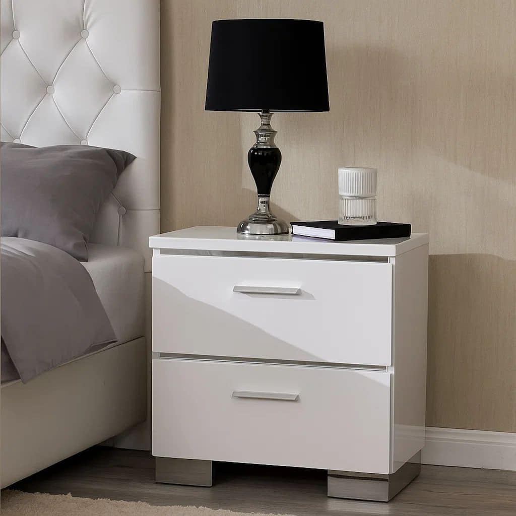 Wood and Metal Nightstand with 2 Drawers, White and Silver