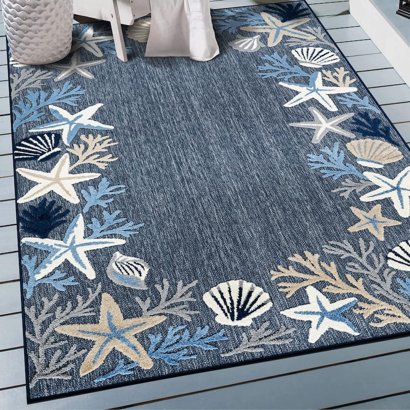 World Rug Gallery Indoor/Outdoor High-Low Textured Area Rug, Coastal Border Easy-Clean Patio Rug - 4' x 6' - Navy