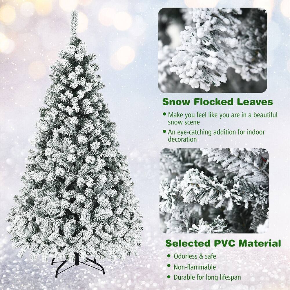 6ft Pre-Lit Premium Snow Flocked Hinged Artificial Tree W/ 250 Lights ...