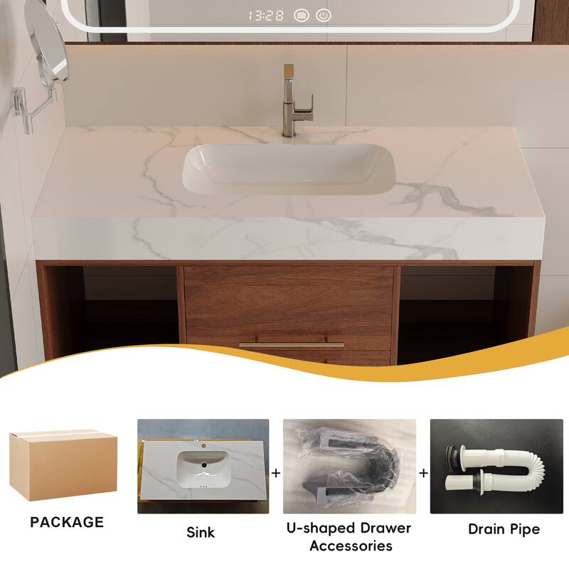 39.4" Floating Bathroom Vanity with Ceramic Sink, White Sintered Stone Top, Wall Mounted Cabinet with 2 Soft-Close Drawers