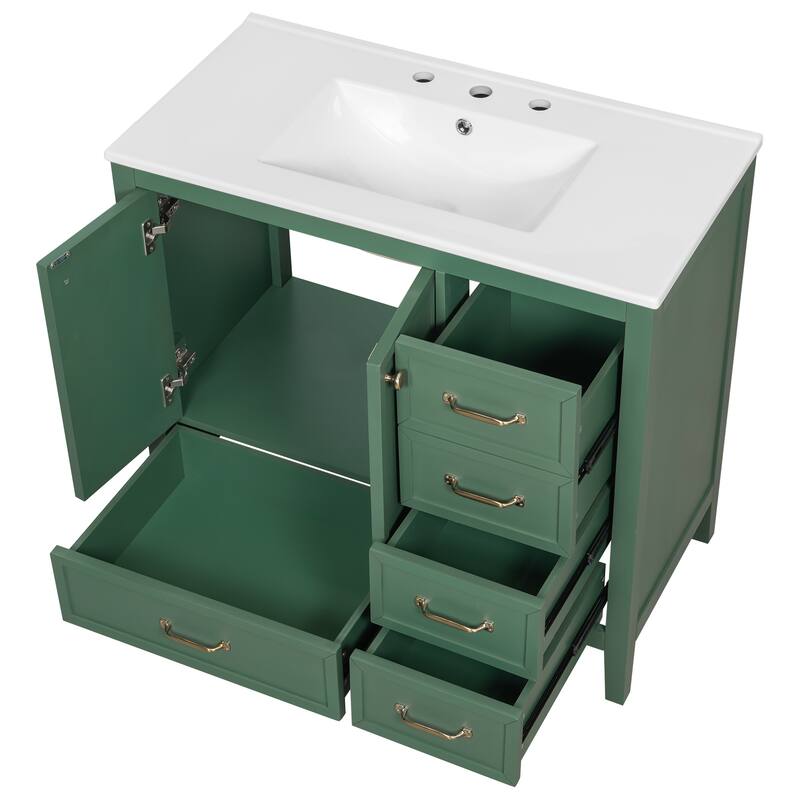 36" Bathroom Vanity with Sink, Bathroom Cabinet with Soft-Closing Door, 4 Drawers of Different Sizes, Solid Wood Frame and Leg