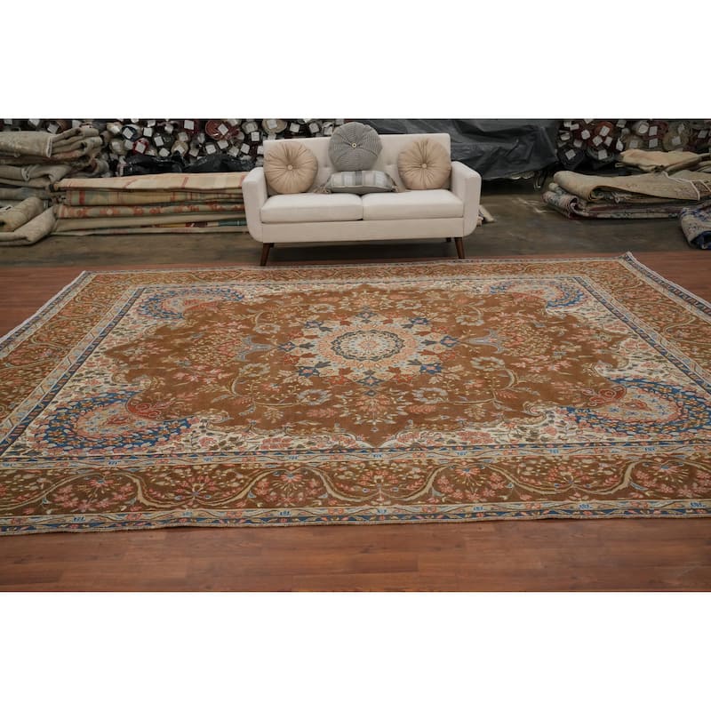 Hand Knotted Oriental 100% Wool Carpet Traditional Floral Brown Mashad Area Rug - 12' 9'' X 9' 9''