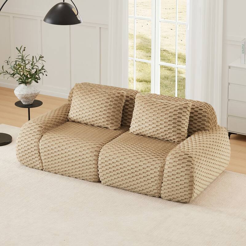 Roomfitters 82" Modular Sectional Sofa, Highly Textured Flannelette "Boneless" Couch with Deep Seating and Footrest - Light Camel