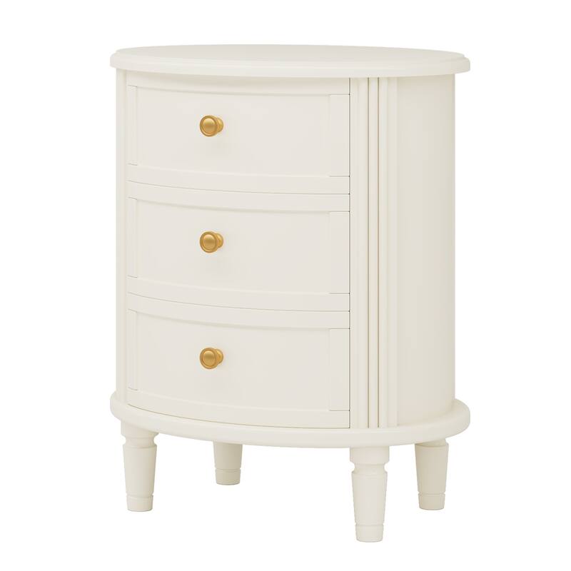 20" Oval Nightstand with 3 Drawers, Beige White