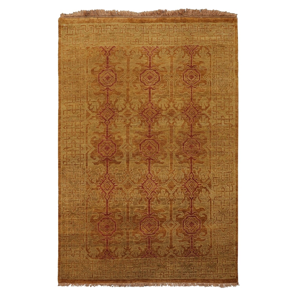 Tibetan Transitional 4x5'11'' Hand Knotted Wool Gold Rug - 4' x 5' 11''