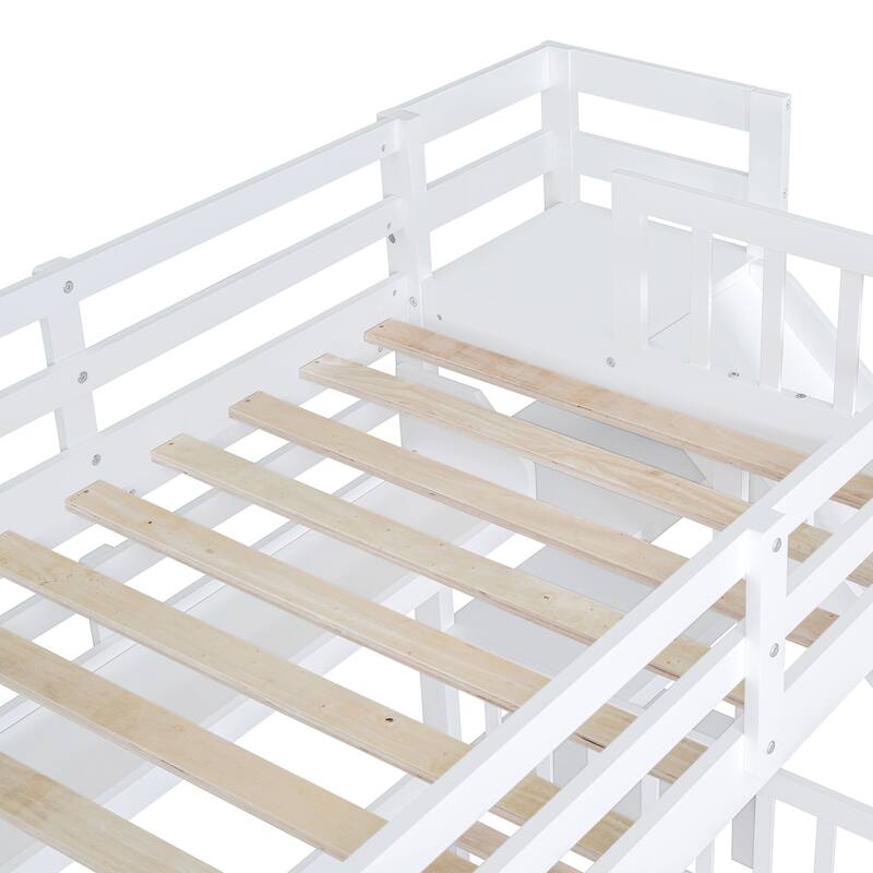 Twin-Over-Twin Castle Style Bunk Bed with Drawers, Shelves, and Slide in White