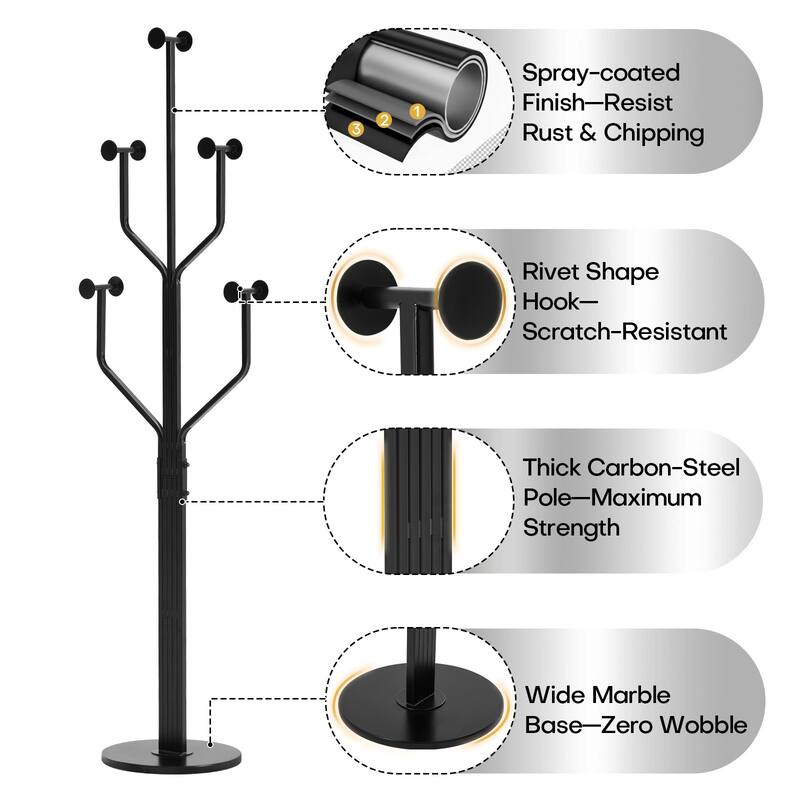 Freestanding Metal Coat Rack with 10 Hooks and Heavy Duty Marble Base - 68.1"H x 18.5"W(top) x 13.2"Dia(base)