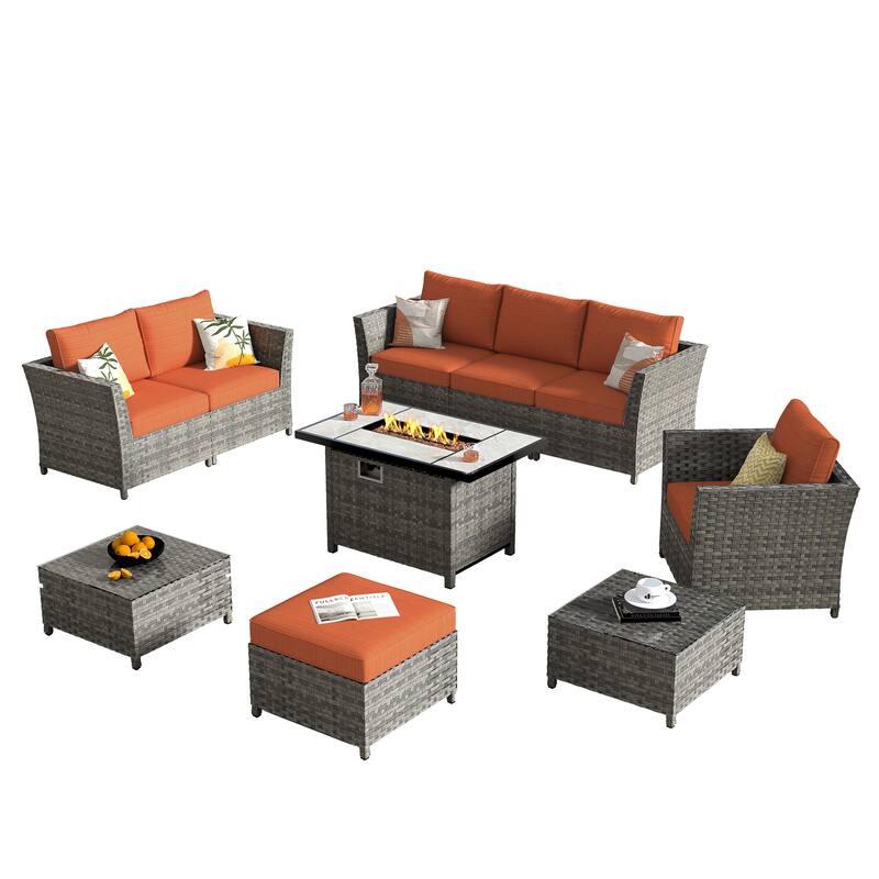 HOOOWOOO 10-piece Wicker Rattan Patio Furniture Sectional Set with Fire Pit
