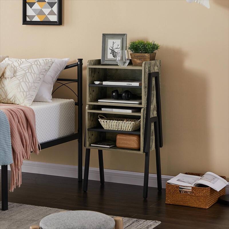 VECELO Gray Mid-Century Modern 3-Tier Stackable Nightstand Set of 1/2 Nightstands with Metal Frame for Bedroom Living Room