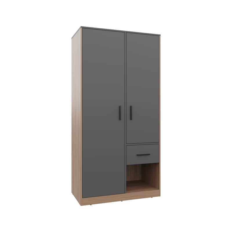 2-Door One Drawer Amoire With 2 Cabinets,Two Hanging Rods And Four Shelves In Matt Gray And Natural Oak