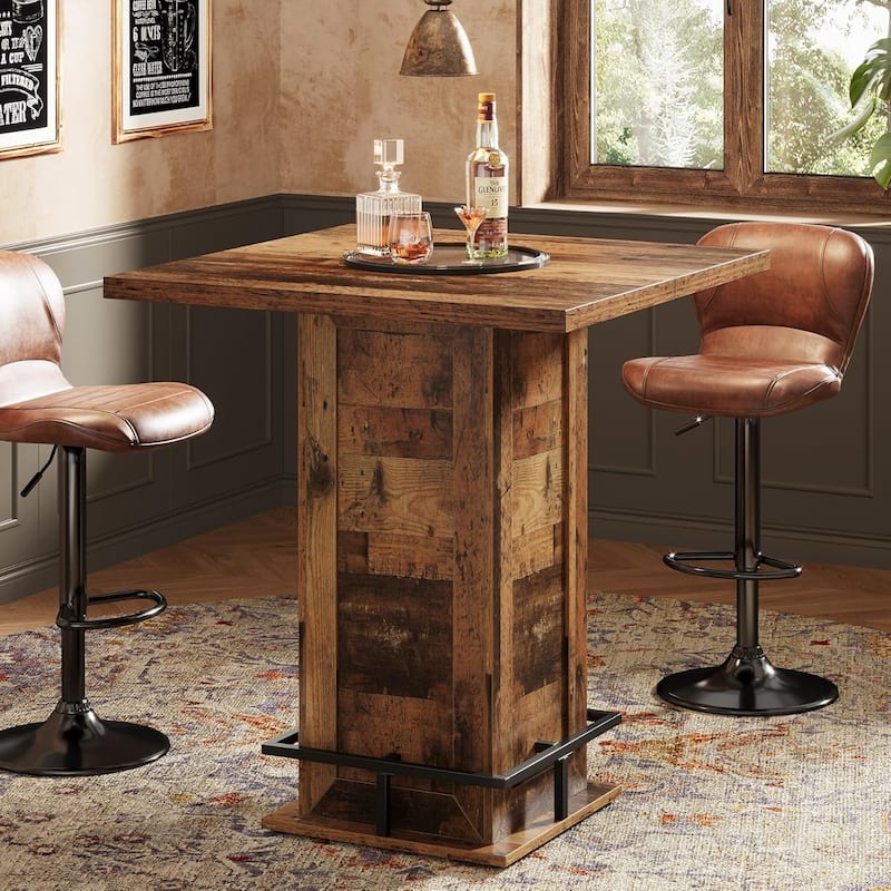 39.4 Inch High Industrial Bar Bistro Pub Cocktail Table with Footrest - 31.10" W x 31.10" D x 39.37" H - Dark Brown