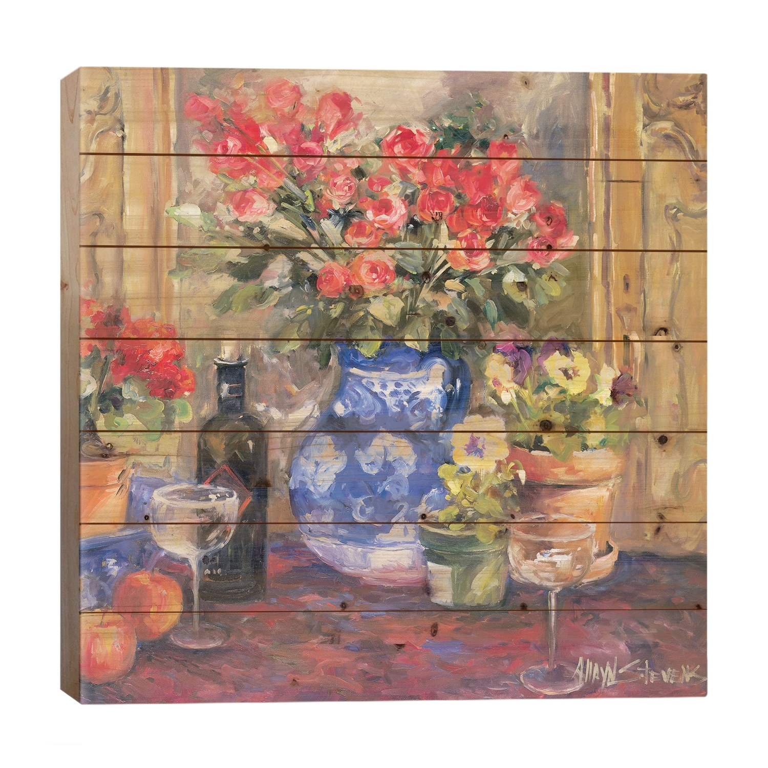 Red Flowers Print On Wood by Allayn Stevens - Multi-Color