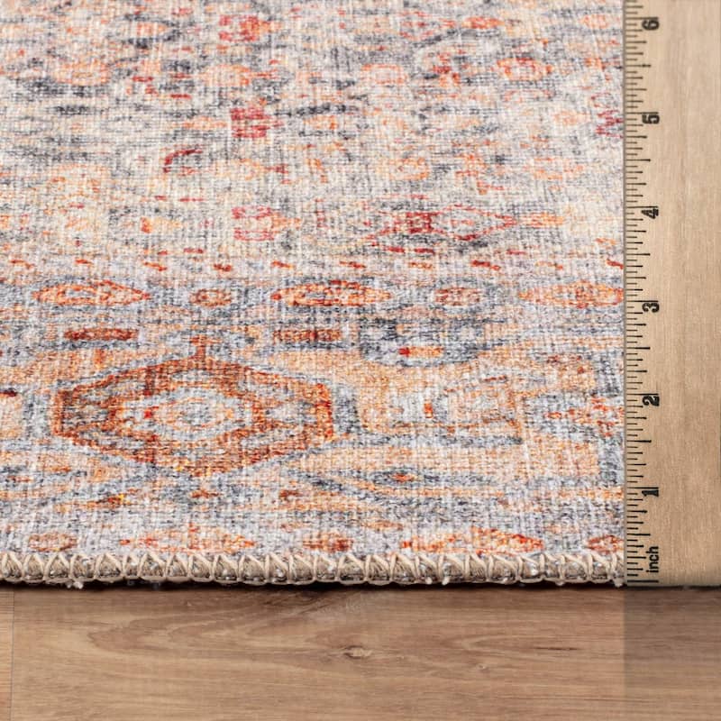 Terracotta Floral Washable Rug - Allover Pattern, Flat Pile