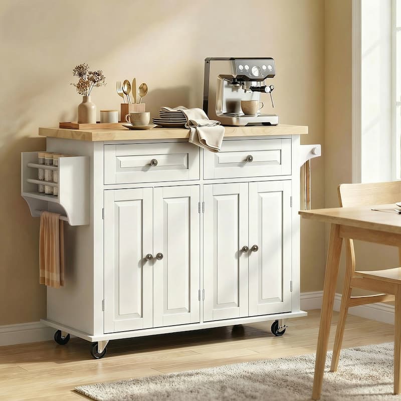 HOMCOM Rolling Kitchen Island Cart with Rubber Wood Top, Spice Rack, Towel Rack & Drawers for Dining Room