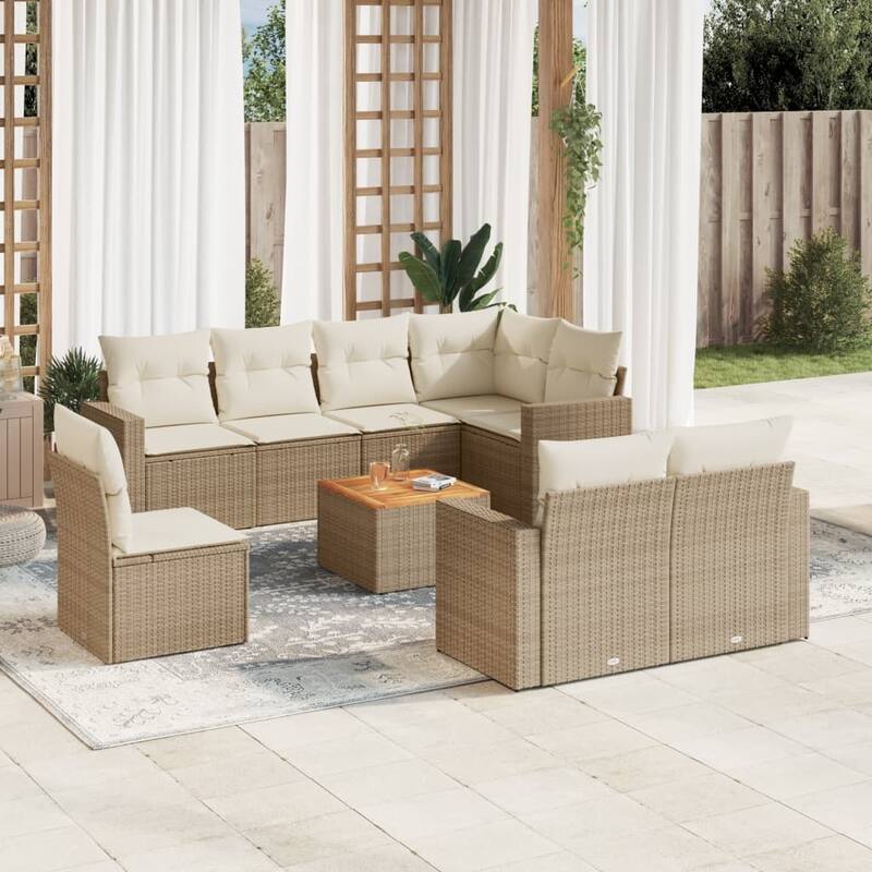 vidaXL Patio Sofa Set with Cushions Outdoor Furniture 9 Piece Poly Rattan - 21.7 x 21.7 x 14.6 - Beige-5x corner+Table+3x middle