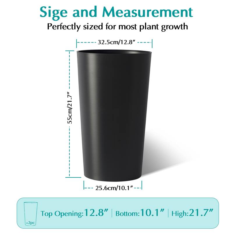 Anmytek Set of 2 Tall Black Planters 21.7 Inch Tapered Plastic Pots Weather Resistant for Indoor Outdoor Patio Entryway