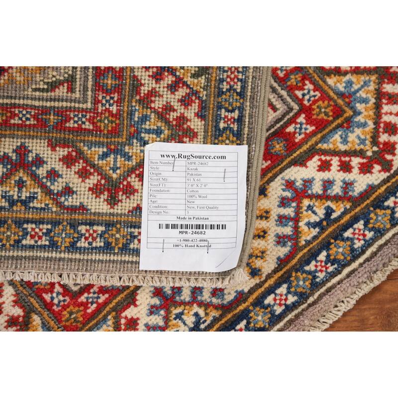 Geometric Kazak Oriental Foyer Rug Handmade Grey Wool Carpet - 2'0"x 3'0"