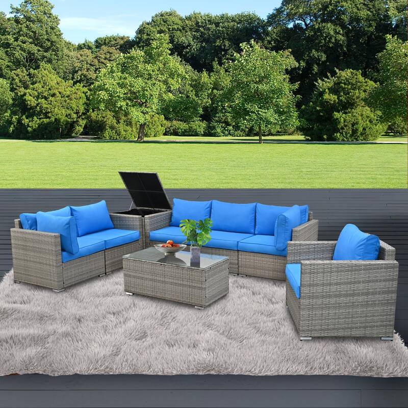 8-Pieces Wicker Outdoor Sectional Set with Glass Coffee Table and Cushions