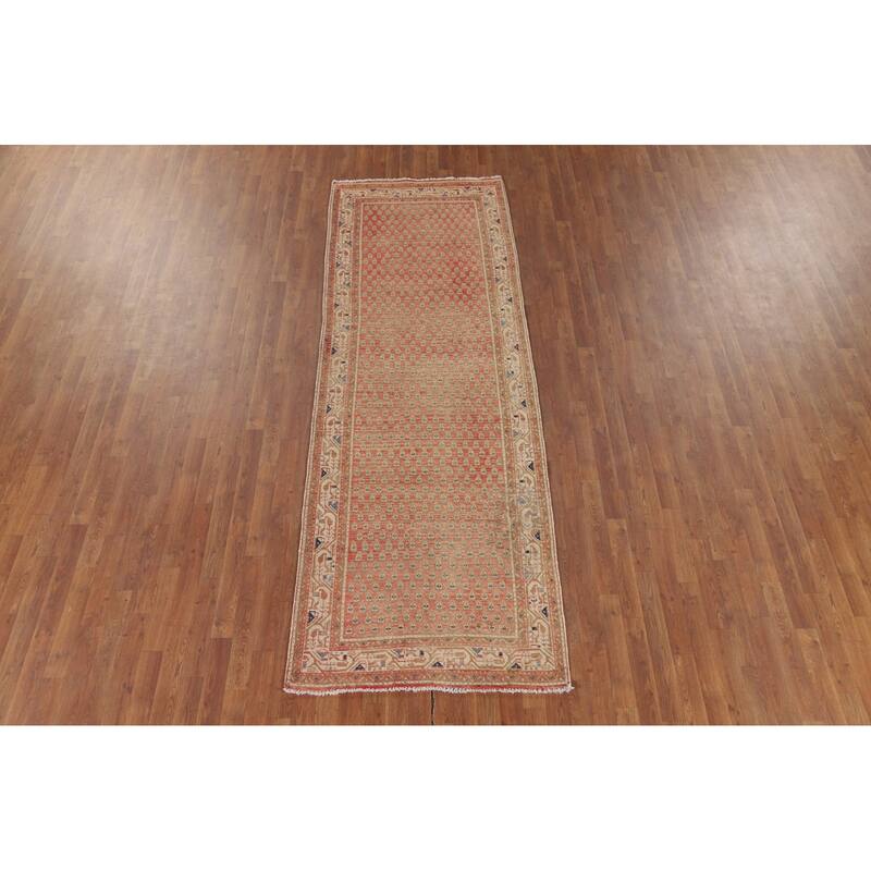 Geometric Botemir Persian Vintage Runner Rug Handmade Wool Carpet - 3'6" x 10'2"
