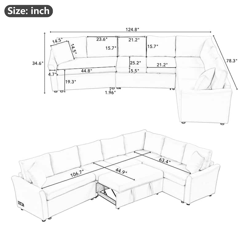 129.5" Chenille Sectional Sofa Modern L-Shape Pull-Out Sofa Bed Sleeper, (5-Seat) Upholstered Counch with USB Charging Port