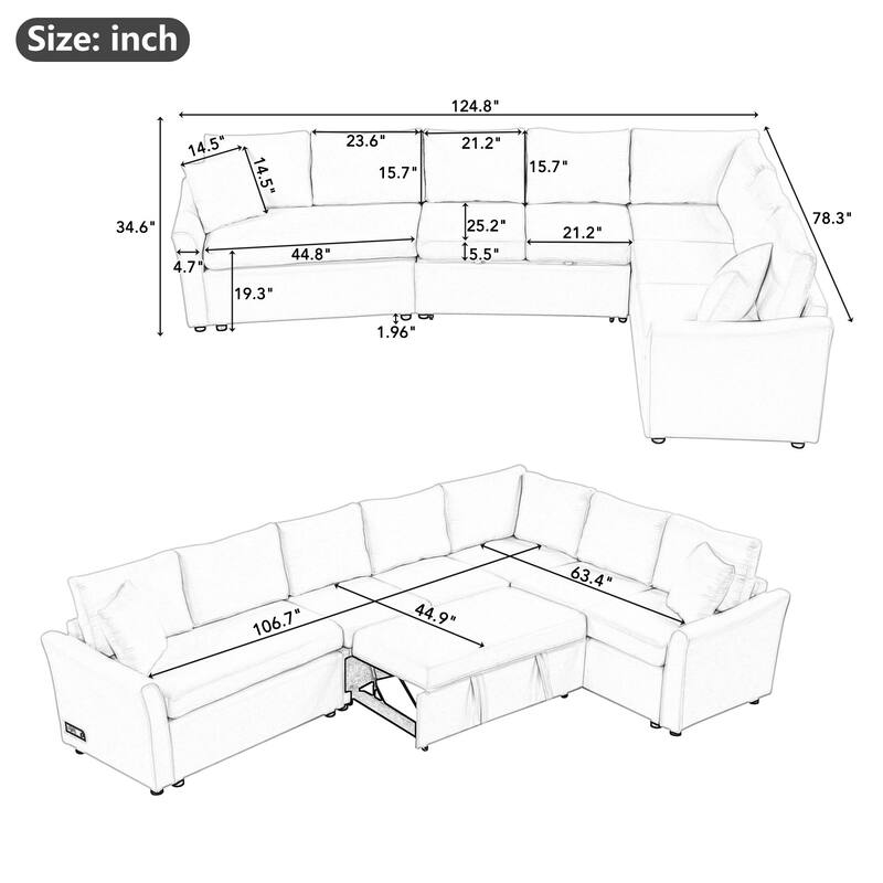 L-shaped Sofa Convertible Sofa Bed Pull Out Sofa Sleeper with Two Back Pillows, Two USB Ports and Two Power Sockets