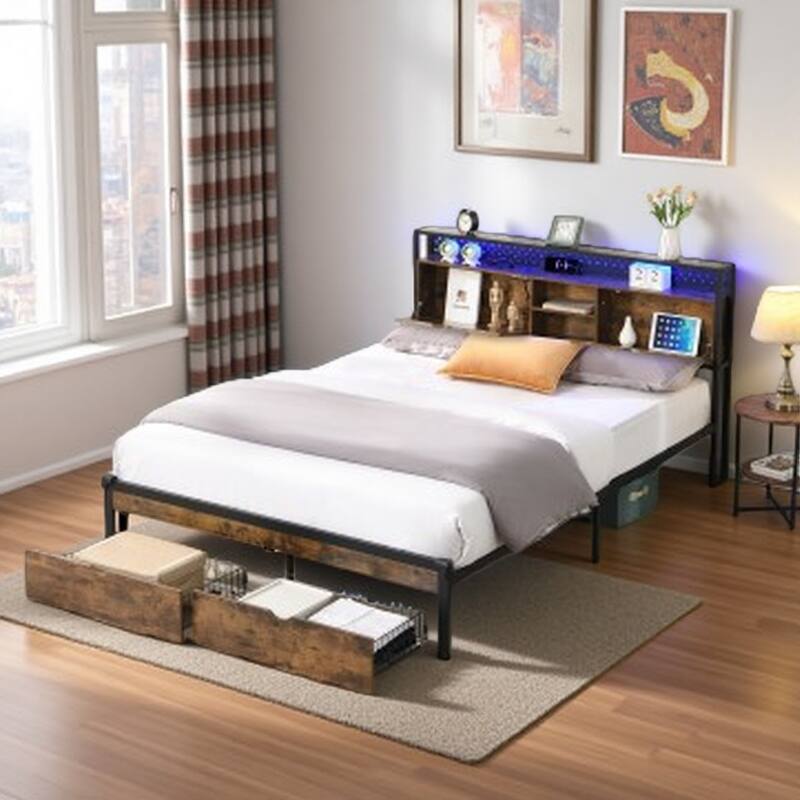 King Size Metal Bed Frame with Storage Headboard, USB Charging Ports, LED Lights, 2 Drawers, and Wood Accents - Queen Black+Brown - Queen