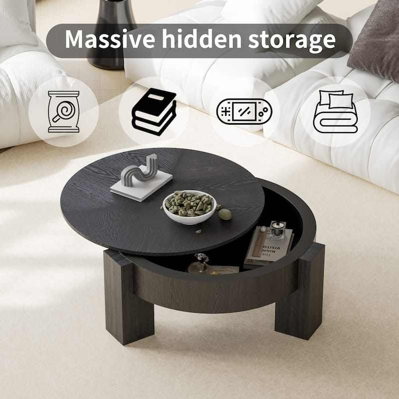 33" Round Coffee Table with Hidden Storage, Parquet Veneer Top Table, 3 Block Legs Sturdy Center Accent Table for Living Room