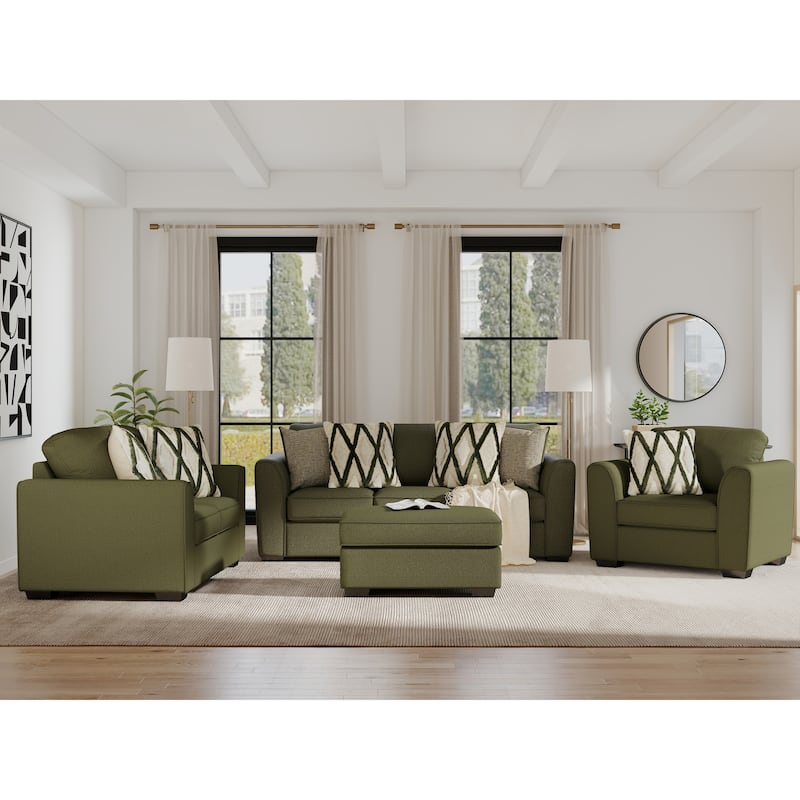 Roundhill Furniture Marvella 4-Piece Living Room Set, Sofa, Loveseat, Chair, and Ottoman with Mosswood Chenille Upholstery
