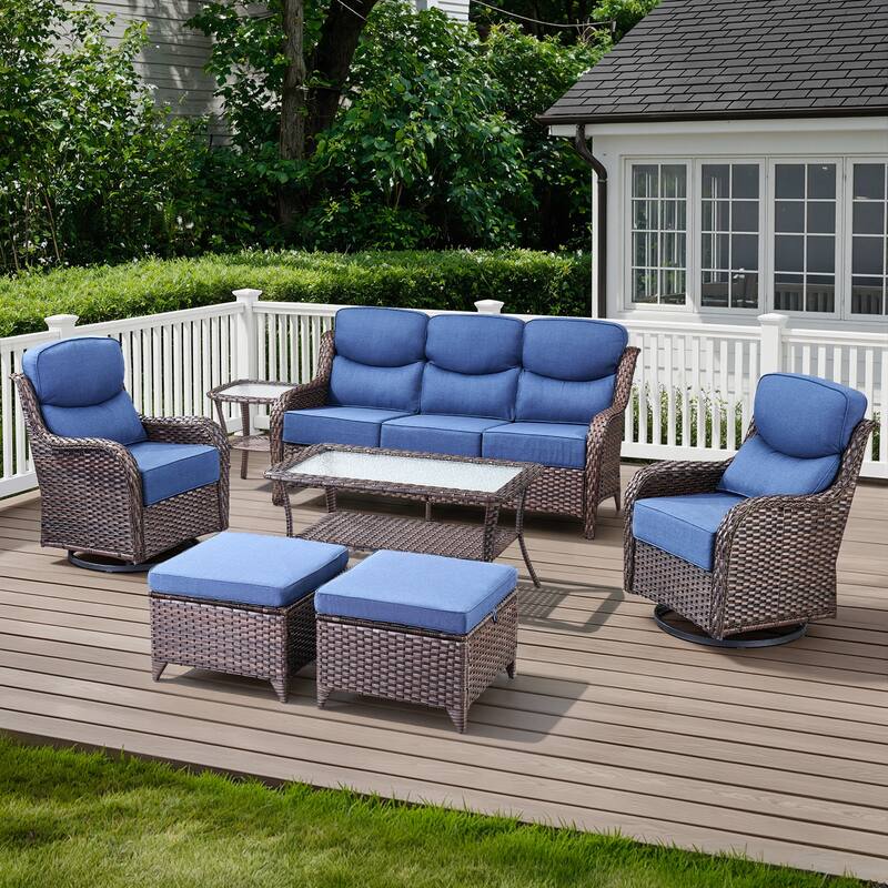 Meyreso 7-Piece Wicker Patio Conversation Set with Swivel Gliders and 6-Inch Thick Cushions