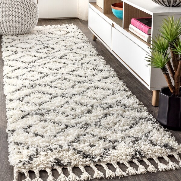 Mercer Shag Plush Tassel Moroccan Diamond Denim Area Rug. Opens flyout.