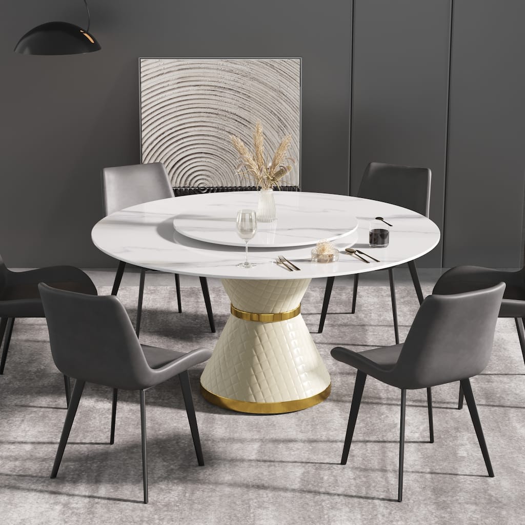 59'' Round Marble Dining Table with Solid Wood Pedestal