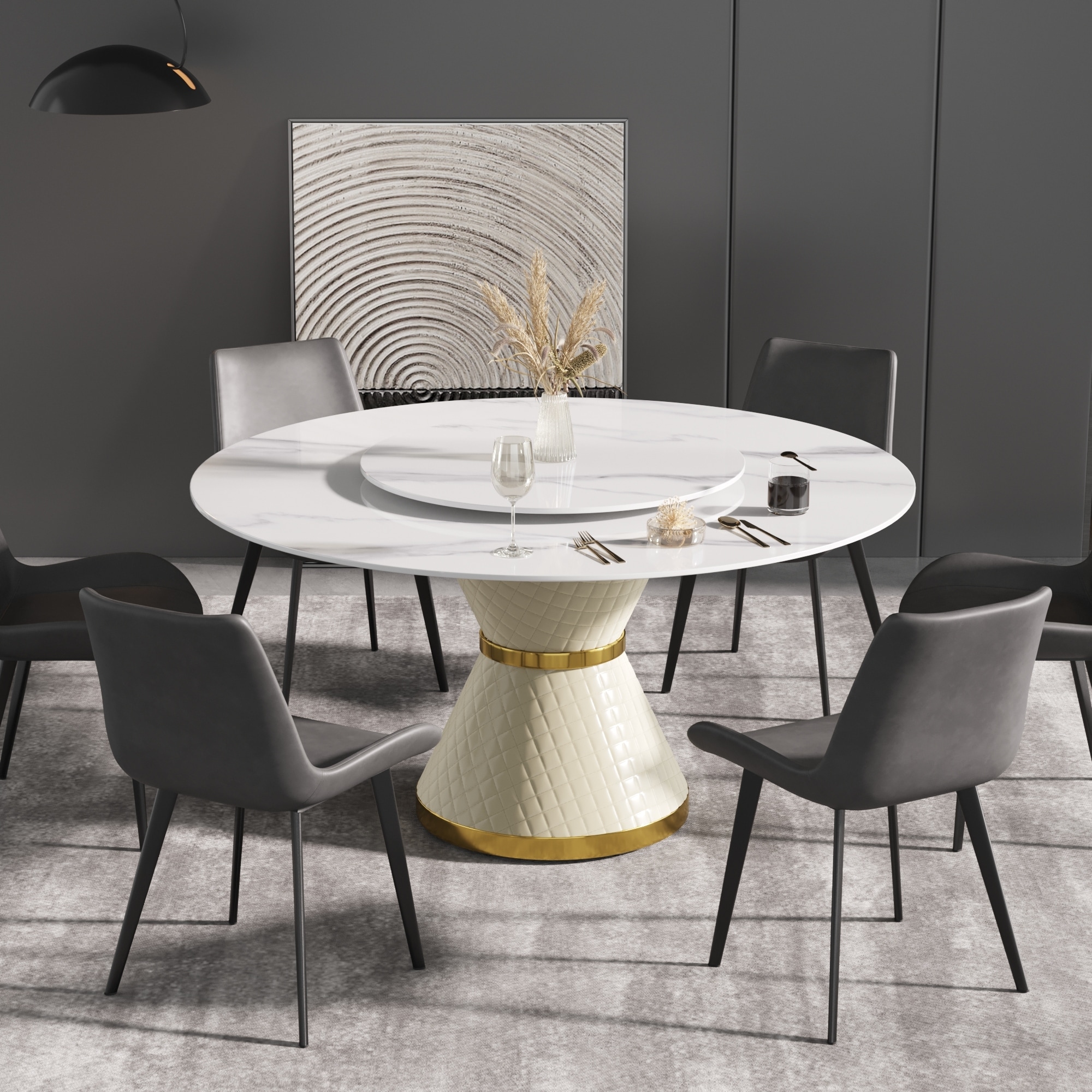 59'' Round Marble Dining Table with Solid Wood Pedestal