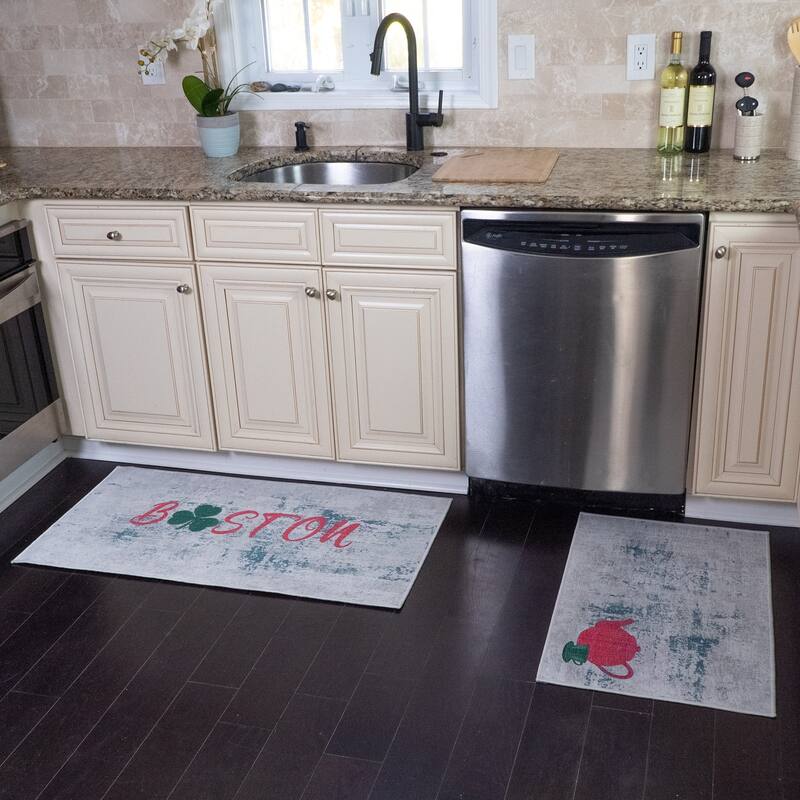 US States Design Non Skid Washable Kitchen Runner Rugs Set of 2 - Set of 44 x 24 and 31.5 x 20 Inches Low Pile Floor Mats