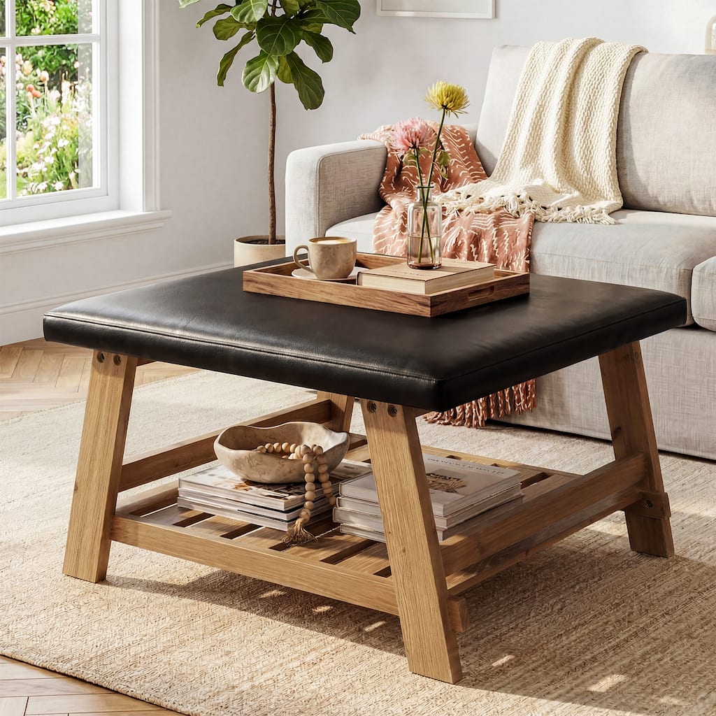 31.5-inch Square Upholstered Solid Wood Ottoman Coffee Table with Storage Shelf