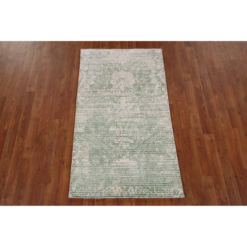 Ivory & Green Abstract Oriental Modern Accent Rug Handmade Wool Carpet - 2'9" x 4'10"