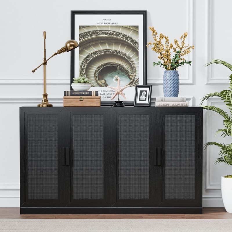 Modern Sideboard Cabinet with 4-Doors Rattan Panels Buffet Console Accent Storage Cabinet for Hallway Entryway Dining Room - Black - 62 in.W x 31 in.H