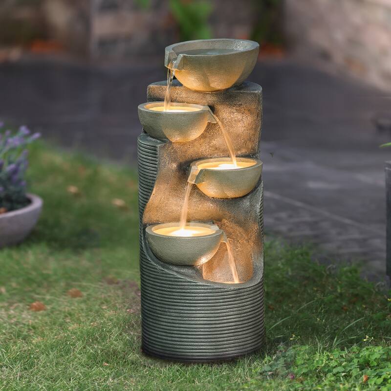 Modern Gray Resin Tiered Bowls Outdoor Fountain with Lights - 31.89" H x 13.39" W x 13" D