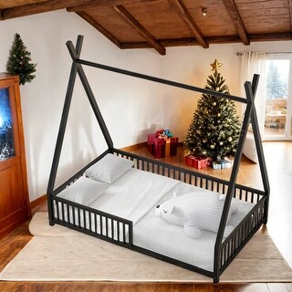 Kid Bed Frame House-Shaped Metal Twin Platform Bed with Triangle Structure and Guardrail