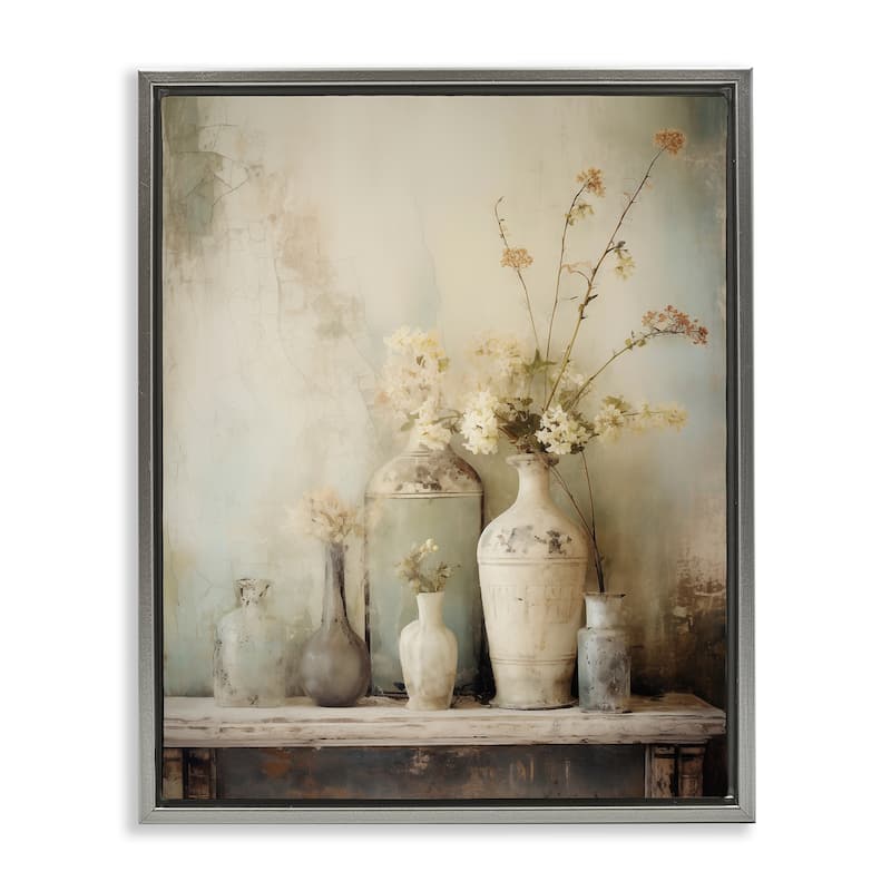 Stupell Faded Floral Beauty Still Life Framed Floater Canvas Wall Art Design By Arlington Prints - 17 x 21 - Grey