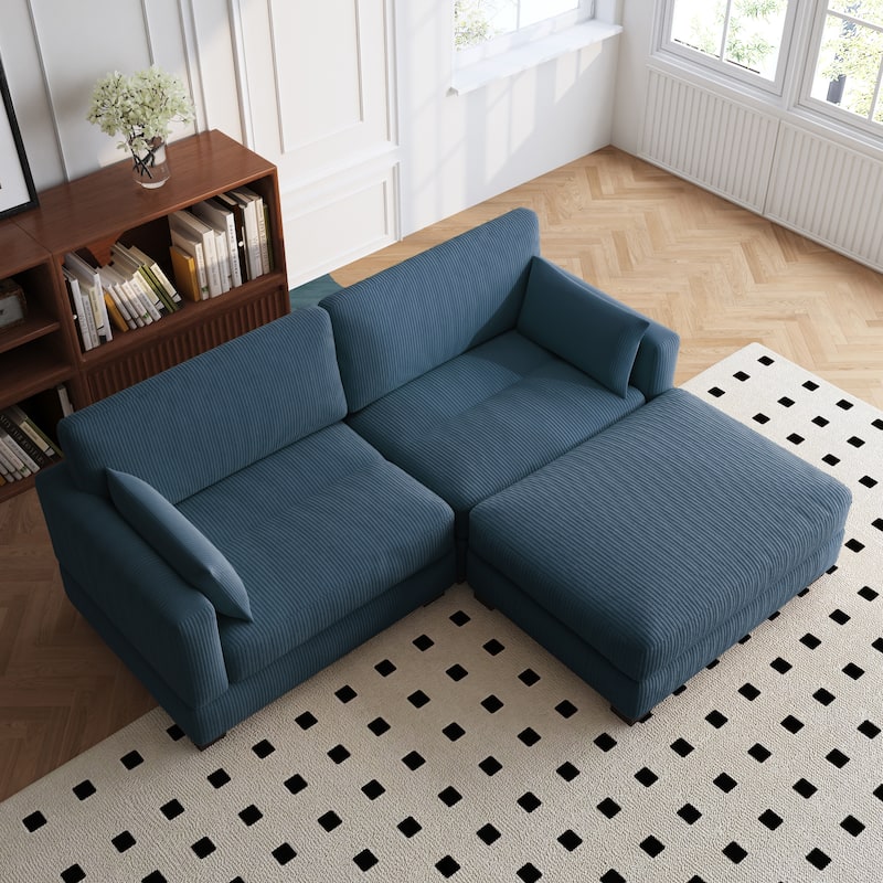 84'' L-Shaped Corduroy Comfy Couch Modular Sectional Sofa With Ottoman