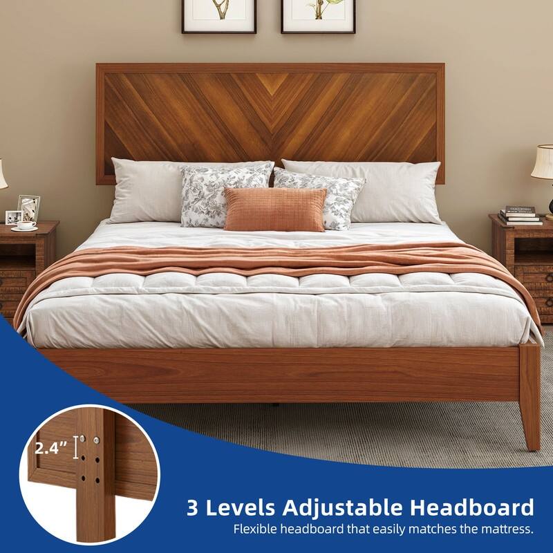 Moasis Farmhouse Rustic Brown Wood Bed Frame with Adjustable Headboard&Slats Support