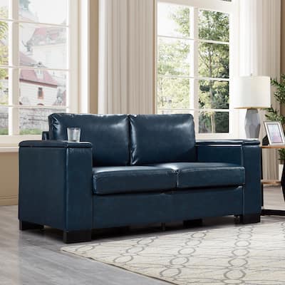 67.7" Modern Style Loveseat Faux Leather Couch,Square Arm Sofa With Cup Holder,Storage Sofa,Upholstered PU Leather