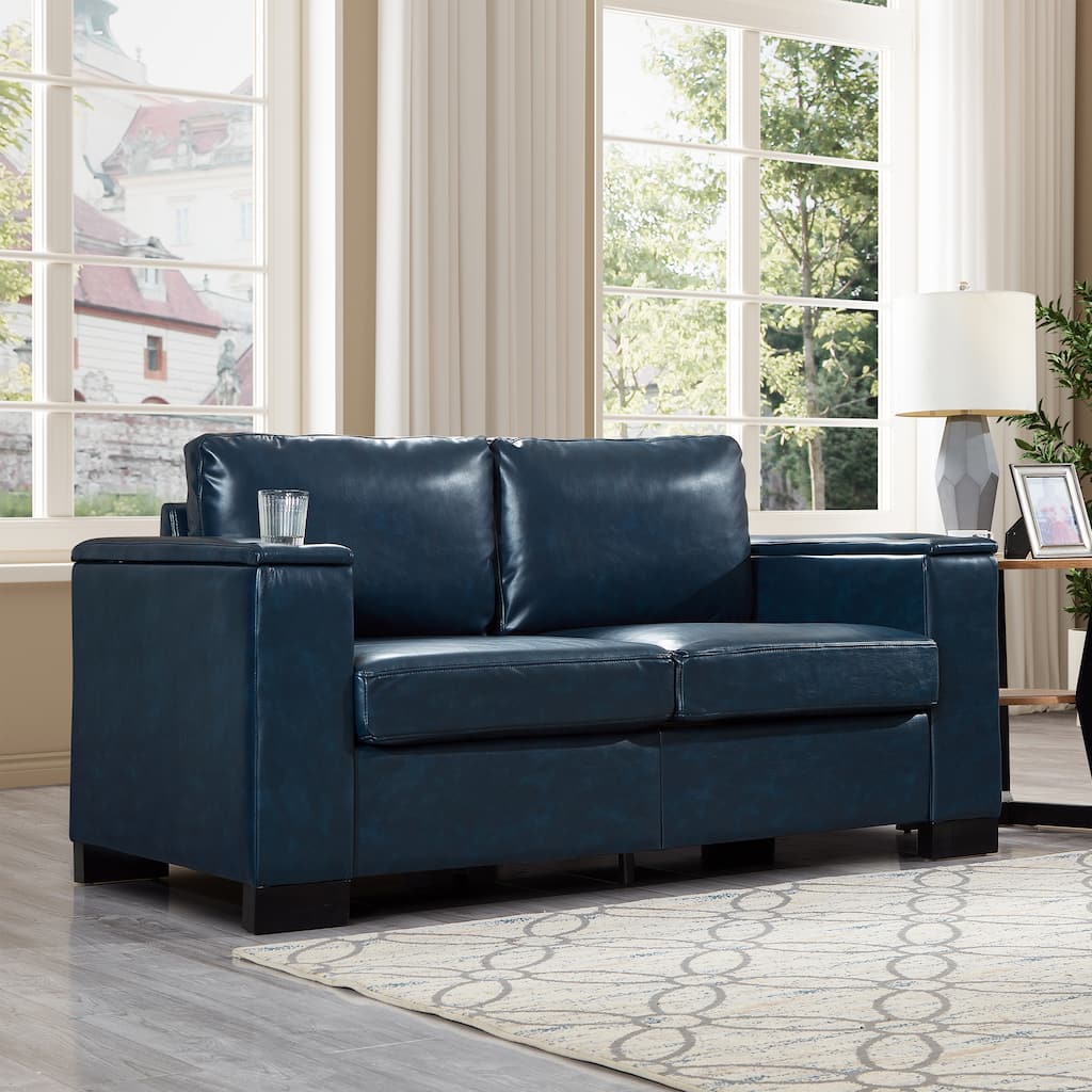 67.7" Modern Style Loveseat Faux Leather Couch,Square Arm Sofa With Cup Holder,Storage Sofa,Upholstered PU Leather
